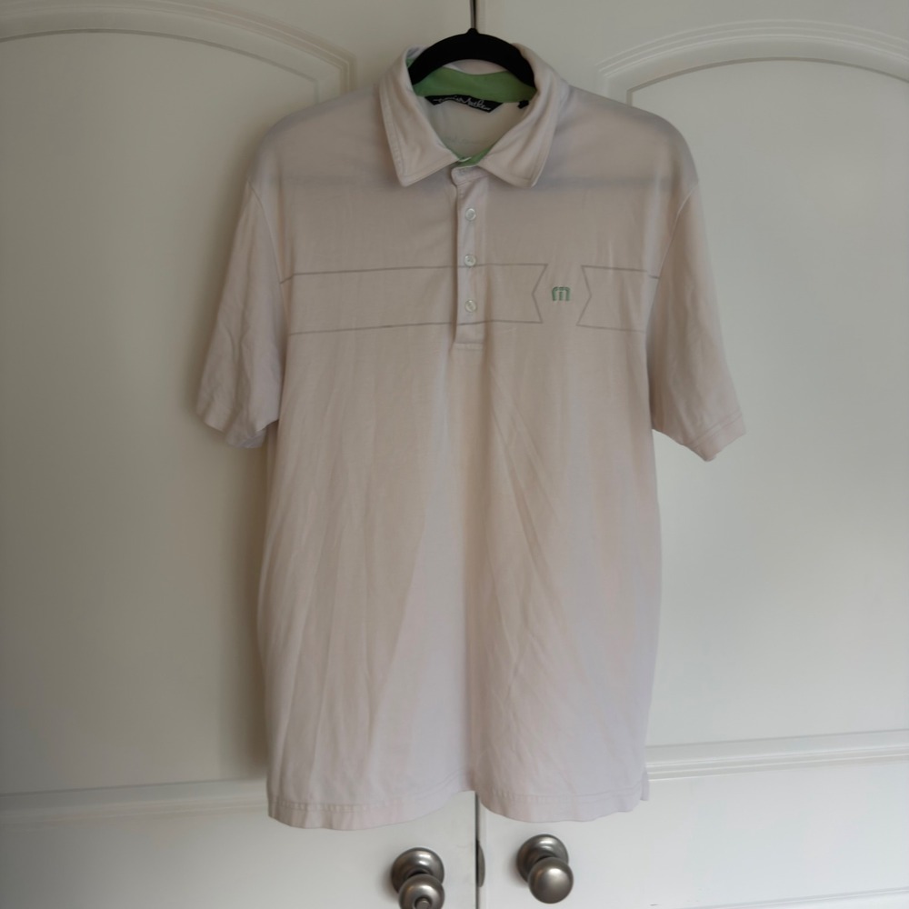 TravisMathew Mens White Short Sleeve Golf Polo Shirt Green Accents Size Large